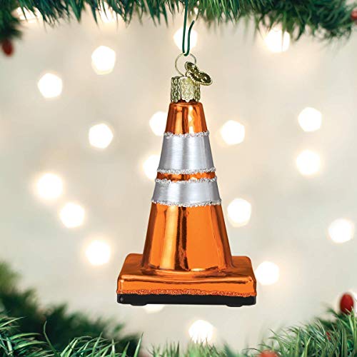 Old World Christmas Traffic Cone Glass Blown Ornament for Christmas Tree, Handcrafted Holiday Decoration, Tools Collection