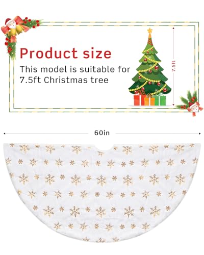 COOLWUFAN 60 Inches Faux Fur Christmas Tree Skirt for Xmas Tree Holiday Party Decoration White Plush Gold Sequin Snowflake (Gold)