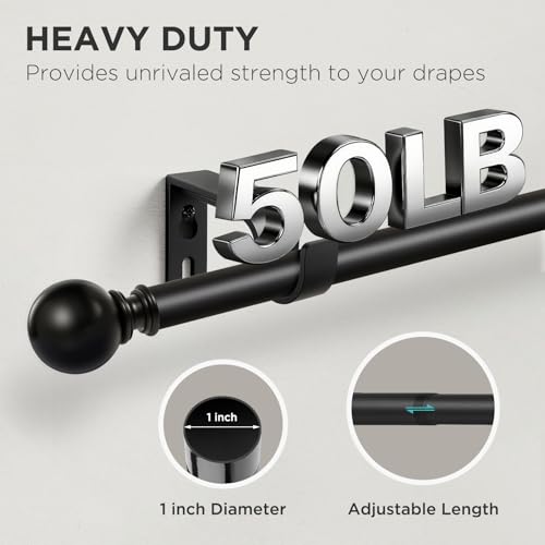 Joydeco Black Curtain Rods for Windows 32 to 120 inches, 1 inch Diameter Heavy Duty Adjustable Curtain Rods for Bedroom, Sliding Glass Doors, Patio