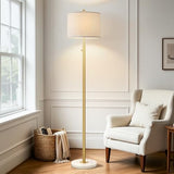 【Upgraded】Dimmable Gold Floor Lamps for Living Room, 11W LED Bulb Included, Modern Standing Lamp with Marble Base, Tall Pole Light with White Linen Shade for Bedroom Reading Office Corner Nursery
