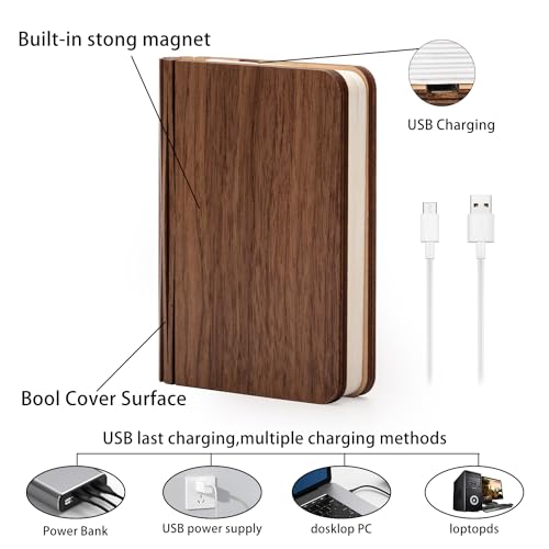 4.7 Inch Wooden Book Lamp, Book Lovers Gifts,Teacher Appreciation Gifts for Women, Folding Book Light, LED Ambient Lighting, Magnetic Mood Lighting for Home&Library Decor (Walnut)