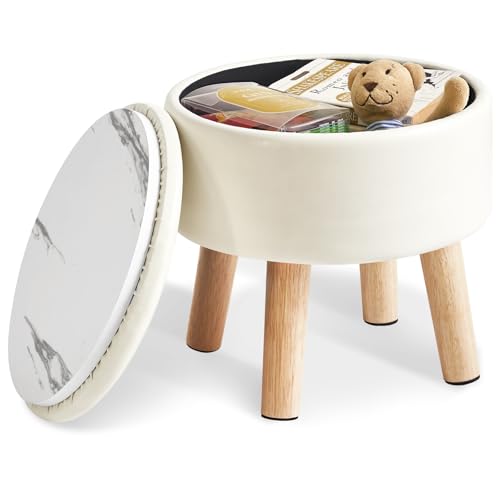 IBUYKE Small Foot Stool Ottoman with Storage, Round, Beige