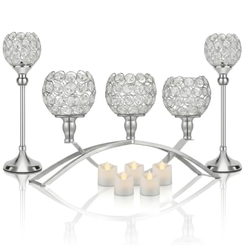 Silver Crystal Candle Holders, Decorative Arch Candelabra Centerpieces for Tables, 3-Arm Candlesticks Holder and 2 Glass Holders, Silver Table Decor for Wedding, Party, Anniversary