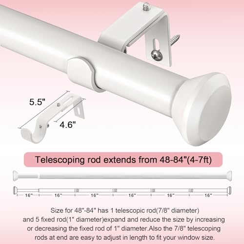 SIMEWIN Heavy Duty White Curtain Rods for Windows 48 to 84 Inches, White 1" Adjustable Curtain Rods with Diamond Finials for Bedroom, Living Room, Patio, Kitchen