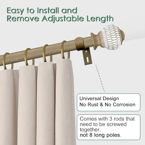 Byondeth Curtain Rods for Windows 16 to 144 Inches Adjustable Length 1 Inch Diameter Window Curtain Rod with Wood Grain Leaf Pattern Finials,for Heavy Duty Curtains Rods