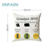ONFAON Grandpa Gifts,Grandpa's Spot Throw Pillow Covers 18x18 Inch,Put Phone Glasses and Remote Control Pillowcase,Birthday Christmas Thanksgiving Day Gifts for Grandpa Stepdad,3-Pocket