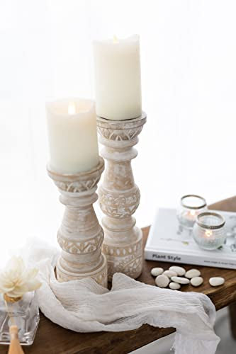 Kurrajong Farmhouse Candle Holders - Boho Set of 2 Tall Candle Stands | Decorative Wood 10" and 12" high | White Washed Candle Holders for Pillar Candles