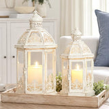 Lanterns Decorative Outdoor&Indoor, Set of 2 (15"&11") Beige Metal Lantern Decor with Glass, Candle Holder for Porch, Patio, Garden, Fall, Wedding, Christmas, Table Centerpiece