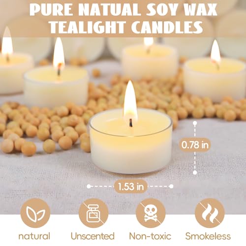 Soy Tealight Candles 50 Pack, 6 Hours Long Burning Tealights Candles Bulk, Natural Soy Wax Tea Light Candle Paraffin-Free, Unscented Small Tea Candle for Emergency,Dinner