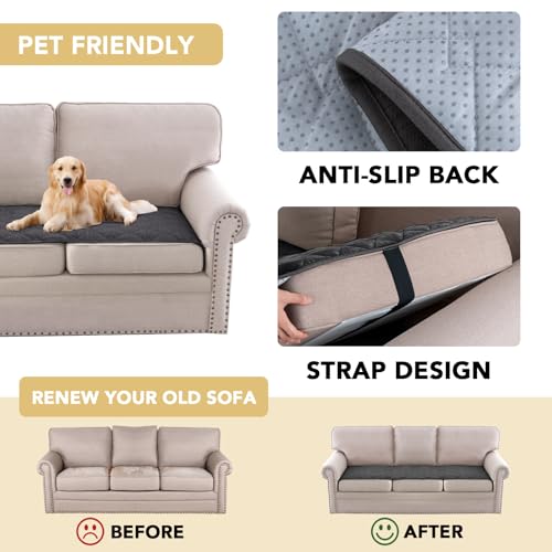 H.VERSAILTEX Couch Cover Chenille Pet Fuzzy Sofa Covers for 3 Cushion Couch Anti Slip Washable Sofa Slipcovers with Strap Soft Couch Protector Cover for Dogs Cats Kids(27.6" x 71", Grey)