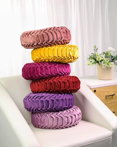 HLOVME Round Velvet Pillow for Couch Small Handmade Decorative Throw Pillow for Bed Bedroom 13.7” Dark Red