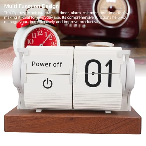 Automatic Mini Flip Clock, Rechargeable Retro Vintage Mechanical Digital Auto Flip Desk Clock with Wood Base, Large Number Timer Calendar Alarm for Home Office Hotel CAF (White)