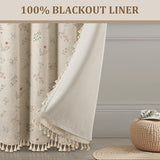 Farmhouse Floral Curtains 96 Inches Long 100% Blackout Living Room Drapes, Linen Blend Bohemian Window Curtain Panels with Tassel Bedroom 2 Panels Thermal Insulated Room Darkening