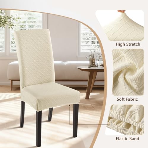 SearchI Dining Room Chair Covers Set of 6, Stretch Jacquard Parsons Chair Slipcovers Super Fit Removable Washable Kitchen Chair Protector Cover for Dining Room, Hotel, Ceremony (Beige Rhombus)