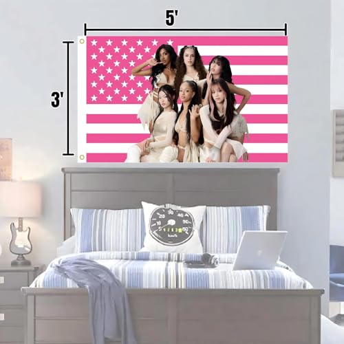 Katseye Pink American Flag Tapestry, 3x5 FT Polyester Wall Hanging with Brass Grommets, Single-Side Print for Bedroom Studio Decor