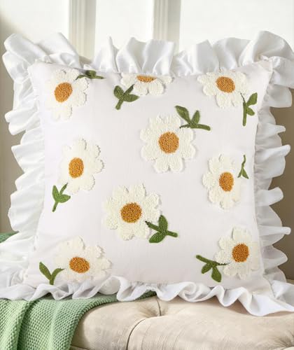 Embroidered Throw Pillow Cover, 18x18 Inch, Ruffle Daisy