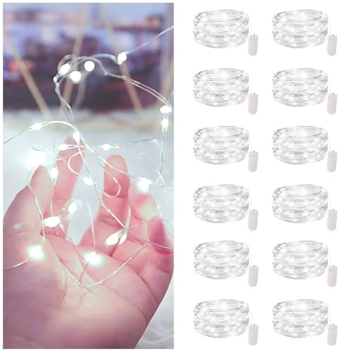 Bexdir 12 Pack Fairy Lights Battery Operated,7ft 20 LED Waterproof Silver Wire String Lights, Firefly Starry Lights for DIY Mason Jars Wedding Table Centerpieces Party & Bedroom Decor (Cool White)