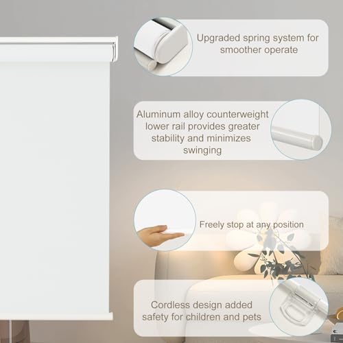 Changshade Blackout Roller Shades Cordless for Windows, 100% Room Darkening Window Blinds for Bedroom, Thermal Insulated UV Protection, Easy Install Pull Down Shades for Home,48Wx72H,White