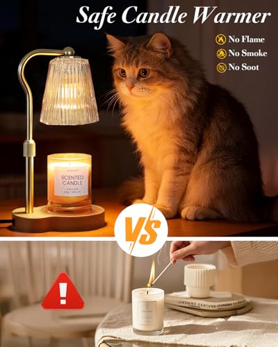 Candle Warmer Lamp, Wax Melt Warmer with 2 Bulbs for Scented Jar Candles, with Timer Dimmer Adjustable Height, Home Decor Gift for Girl Friend Mom Sister Women, No Flame No Smoke Warming Light, Amber
