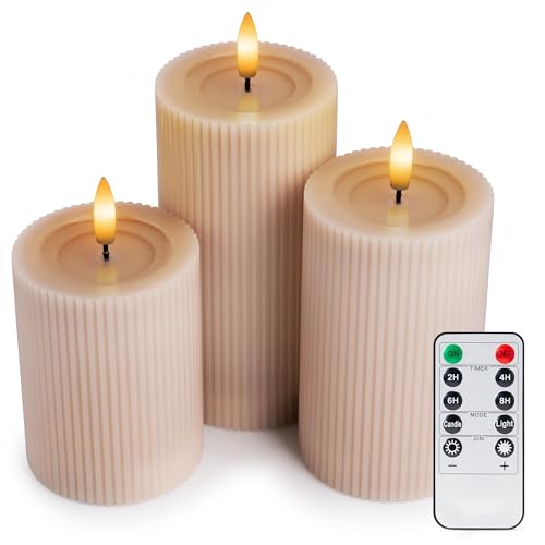 Fluted Ribbed LED Pillar Candles, Blush Beige, with Realistic Reflective Melted-Wax Effect – Flickering Flame, Remote, Dimmable, Flameless, Battery Operated, Home & Wedding Decor (Set of 3)