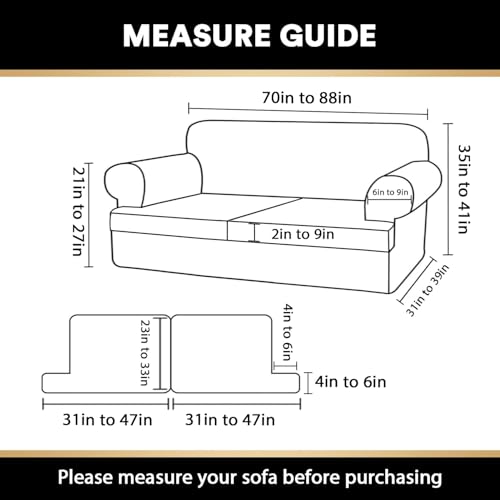 PrinceDeco T Cushion Sofa Slipcover 3 Pieces Sofa Covers for T Cushion Couch Soft Couch Covers Sofa Slip Cover Furniture Covers with 2 Individual T Shape Seat Covers Width Up to 88", Sand