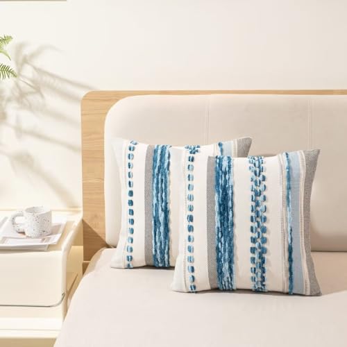 Boho Throw Pillow Covers 18x18 Set of 2 Farmhouse Decorative Cushion Case Striped Square Pillows Cover Chenille Pillow Cases Accent Neutral Pillowcase for Sofa Couch Bed,Sky Blue