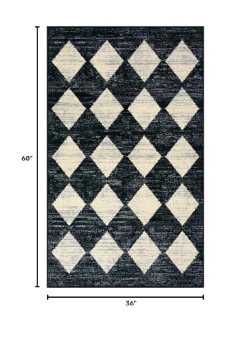 Lahome Zelie Moroccan Trellis Area Rug - 3x5 Washable Black Entry Rug Non Slip Living Room Mat, Distressed Lattice Soft Stain Resistance Indoor Throw Carpet for Front Door Foyer Bedroom Bathroom