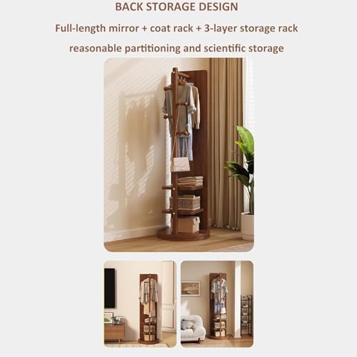 Full Length Mirror with Coat Rack - 360° Rotating Solid Wood Freestanding Floor Mirror with Hooks for Bedroom & Living Room - Space-Saving Stylish Storage Solution