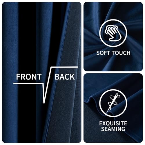 EMEMA Navy Blue Velvet Curtains 84 Inch Length 2 Panels Set, Elegant Blackout Curtains for Bedroom, Grommet Thermal Insulated Soundproof Room Darkening Window Drapes for Living Room W42 x L84