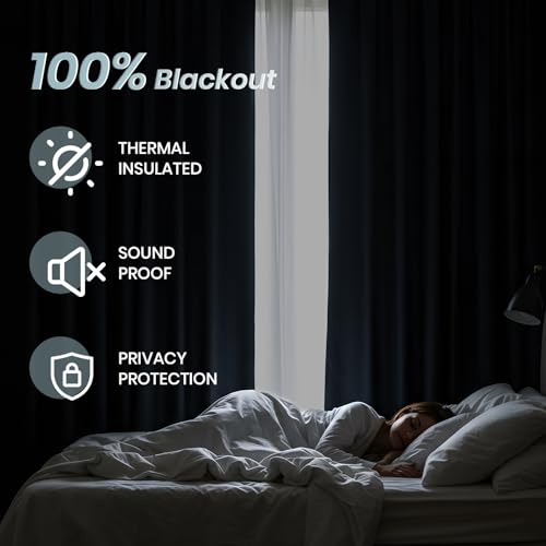 Melodieux 100% Blackout Curtains for Bedroom, Linen Textured Light Blue Black Out Curtains 84 Inch Long, Grommet Top Thermal Insulated Window Drapes for Living Room, 52" W x 84" L, 2 Panels