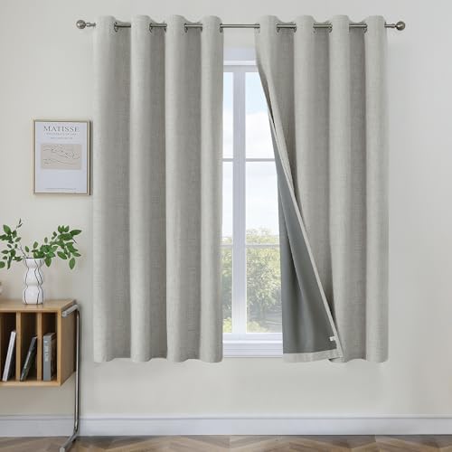 Joydeco 100% Blackout Curtains 63 Inch Length, Living Room Curtain 2 Panels Set, Grommets Room Darkening Textured Thermal Drapes, Greyish White Blackout Curtains for Bedroom (42x63inch)