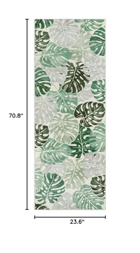 Wonnitar Leaf Washable 2x6 Rug Runner, Tropical Green Bathroom Rugs Runner Kitchen Carpet, Non-Slip Monstera Plant Non-Shedding Low Pile Accent Mat for Hallway Bedroom Closet