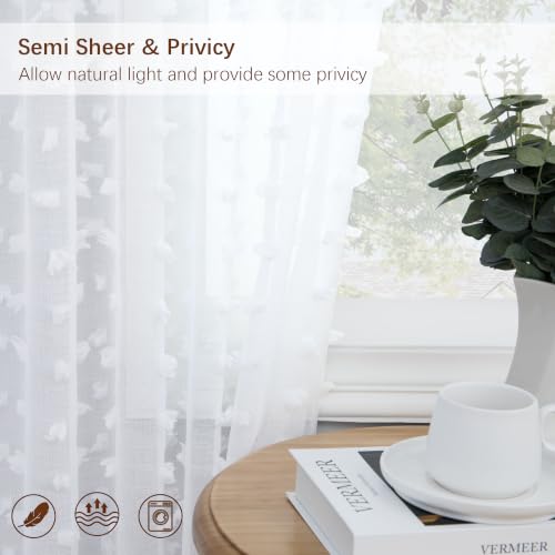 White Sheer Curtains 84 Inches Long for Living Room Bedroom Farmhouse White Pom Pom Curtains 2 Panels Back Tab Shabby Chic Boho Curtain Semi Sheer Nursery Kids Aesthetic Ruffle Drape 52x84 Length