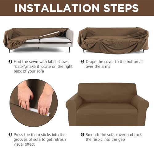 Peryiter 2 Pcs Sofa Covers Couch and Loveseat Covers Set Stretch Sofa Slipcover for Living Room Armchair Furniture Protector, Wrinkle Proof(Chocolate,Milk Silk)