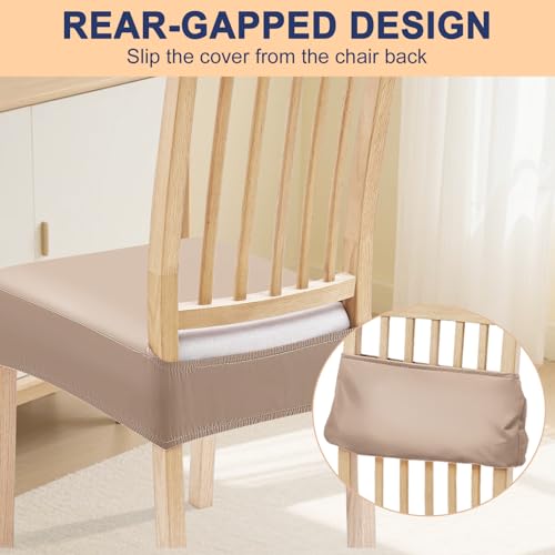Smiry Waterproof Pu Leather Seat Covers for Dining Room Chairs Set of 4, Stretch Fit Removable Washable Kitchen Chair Seat Slipcovers Protector, No Rear Covers, Khaki