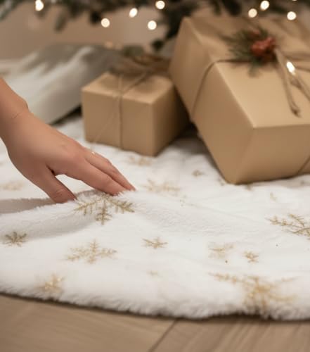 AOGU 60 Inch Sequin Faux Fur Christmas Tree Skirt Decoration for Merry Christmas Party White Plush Gold Sequin Snowflake Xmas Christmas Tree Skirt Decorations