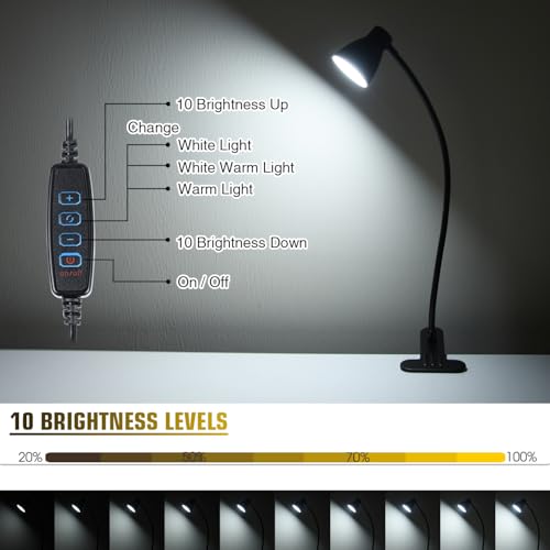 CRI 90+ Eye-Care Clip Light for Reading, 6W Small Clamp Lamp for Desk, Flexible Gooseneck Clip Lamp for Bed Headboard with 3 Color Modes & 10 Brightness(Adapter Include)