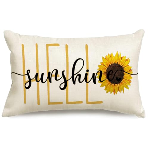 RABUSOFA Hello Sunshine Quote Sunflower Spring Summer Pillow Covers,Seasonal Outdoor Decorative Cushion Case Summer Decorations for Home Sunflower Decor 12x20 Inch