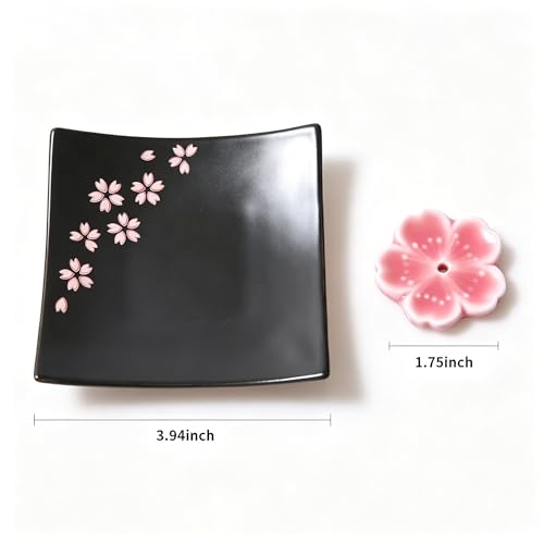 Japanese Ceramic Handmade Cute Cherry Blossom Incense Stick Holder or Incense Burner Holder, Unique Ash Catcher Inscent Tray and Decorative Gift, Home Decor 3.94 inches, Square Pink