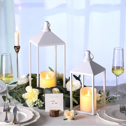 2 Pcs Wedding Lanterns Decorative with Candles White Farmhouse Lanterns