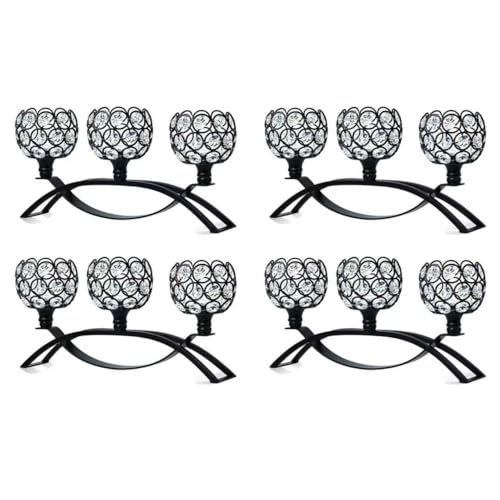 Crystal Tealight Candle Holder Centerpiece Home Decorative Candlestick Holder Elegant Table Centerpiece Home Decor Wedding Party Anniversary (Black, 3 Arm of 4 Pcs)