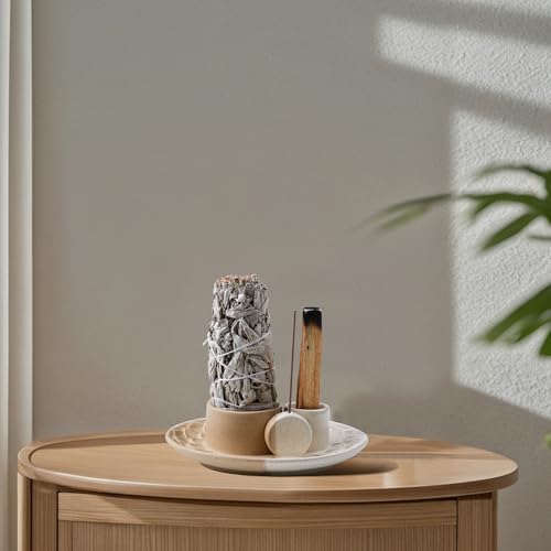 4 in 1 Incense Holder, Ceramic Incense Stick and Palo Santo Holder,Sage Holder for Burning- 5.5" Ceramic Ash Catcher Tray for Meditation and Yoga Room (Sand)