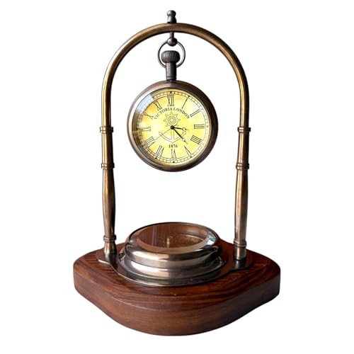 Antique Brass Desk Clock with Compass, Victoria London 1876 Analog Vintage Table Clock on Wooden Base