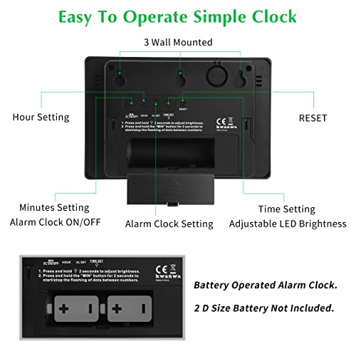 KWANWA Large Digital Alarm Clock, 3" LED Display Battery Operated, Dimmable Auto Night Mode, Easy to Read for Seniors Visually Impaired, Cordless Wall Clock or Table Clock for Bedroom Kitchen Office