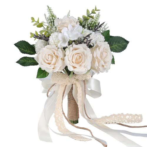 Wedding Bouquets for Bride Bridesmaid,White Champagne Artificial Roses Flowers for Wedding Church Decoration (6.5in)