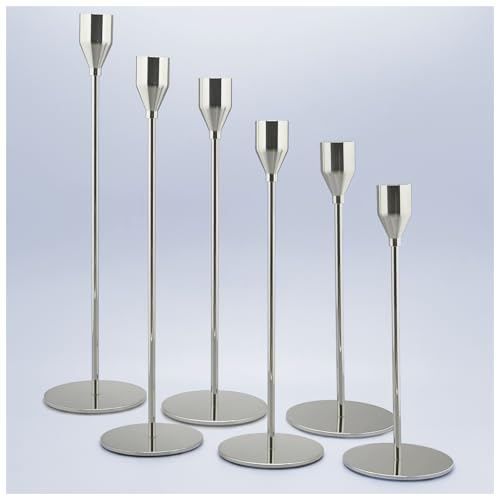 6Pcs Silver Candlestick Holders Set Fit 3/4" Tall Taper Candle Home Decorative Table Centerpieces for Family Dinning, Party Decoration