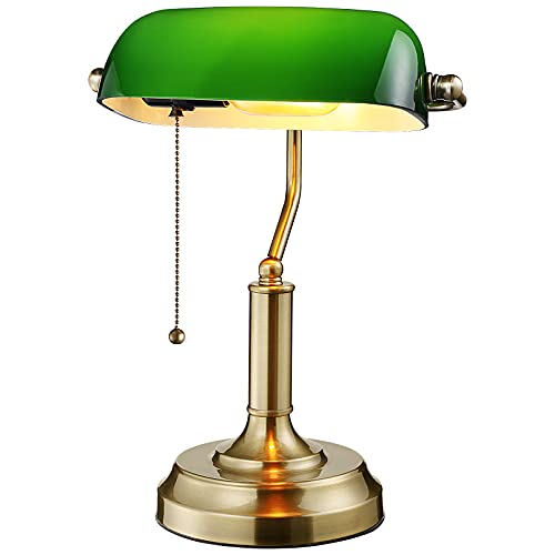 TORCHSTAR Green Glass Bankers Desk Lamp with Pull Chain, E26 Base | Brass Finish Base, Antique Traditional Library Lamp for Office Study Room, Bulbs not Included