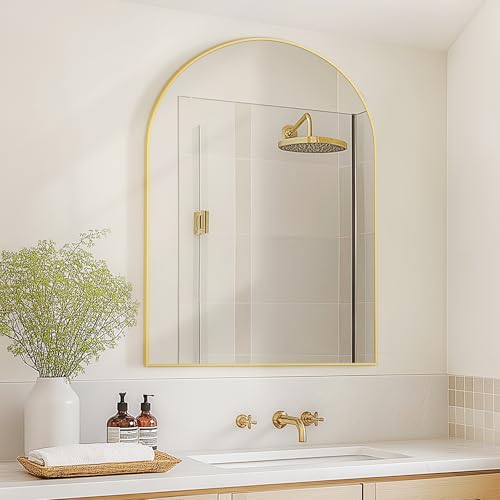 Arched Bathroom Mirror for Wall, 36" x 24" Gold Metal Frame Vanity Mirror, HD Glass Over Sink for Bathroom, Entryway, Bedroom