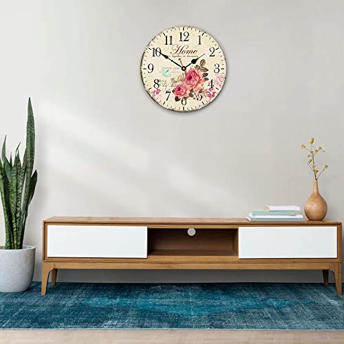 VIKMARI 14 Inch Wooden Wall Clock Art Hanging Clocks Silent Non-Ticking Wall Clock Battery Operated Round Home Flowers Style Arabic Numeral Decorative Wall Clocks