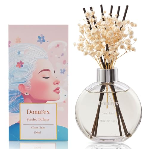 Flower Reed Diffuser Set 5.07oz Clean Linen Scent Diffuser with Sticks Home Fragrance Reed Diffuser for Bathroom Shelf Decor